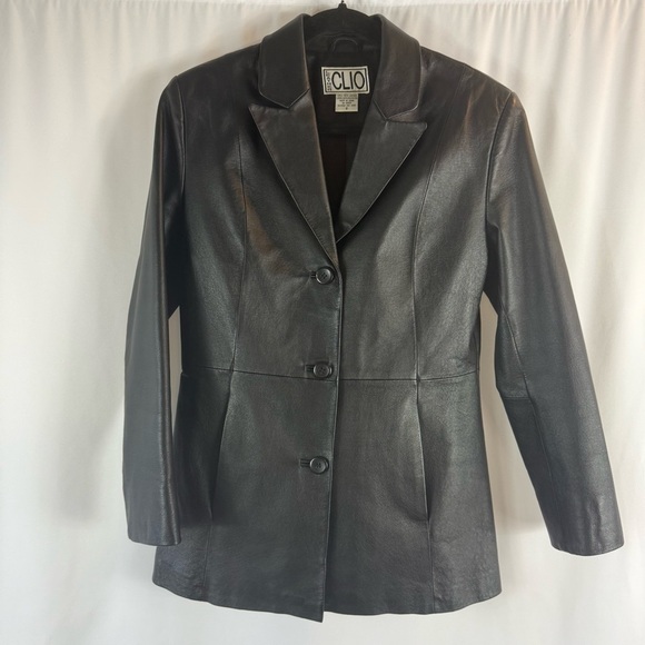 CLIO 100% Leather Jacket Black Collared Buttons Pockets Lined Size:8